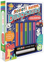Igloo Books Robots, Racers, Dinosaurs Colouring book with colourful robot, dinosaur and racing car cover artwork and colour change pens displayed on the front