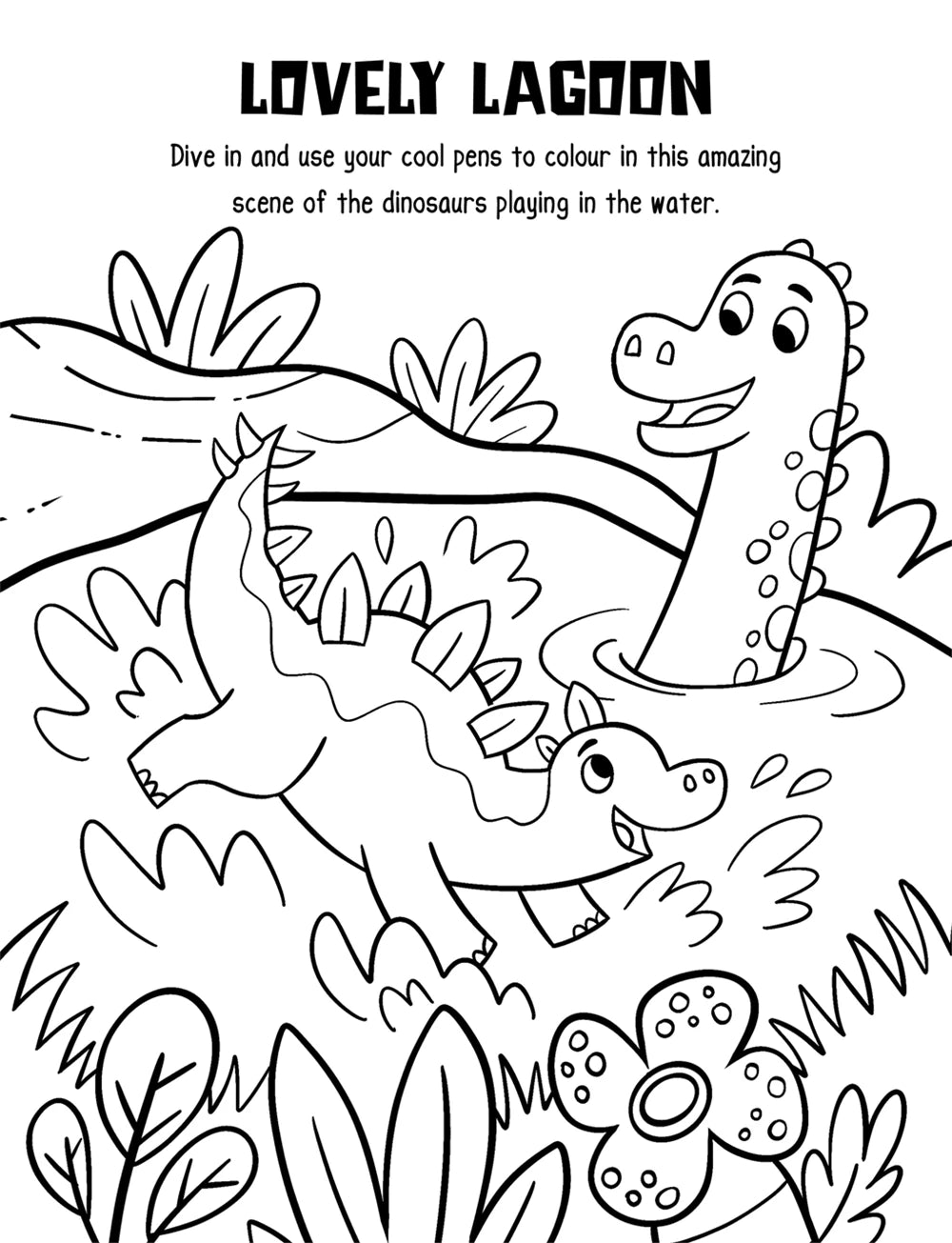 Lovely Lagoon colouring page showing cartoon dinosaurs playing in water surrounded by plants and flowers