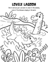 Lovely Lagoon colouring page showing cartoon dinosaurs playing in water surrounded by plants and flowers