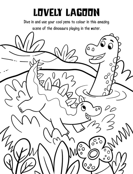 Lovely Lagoon colouring page showing cartoon dinosaurs playing in water surrounded by plants and flowers