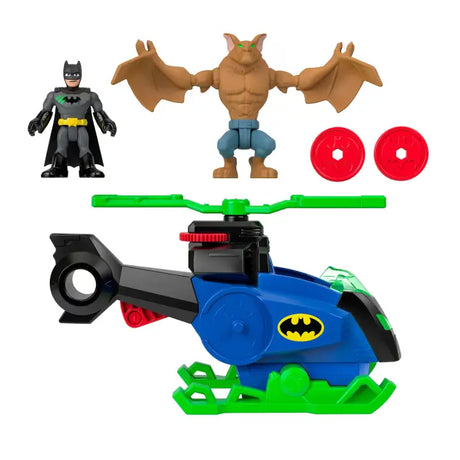 Batcopter set contents showing the vehicle, Batman, Man Bat and two red discs