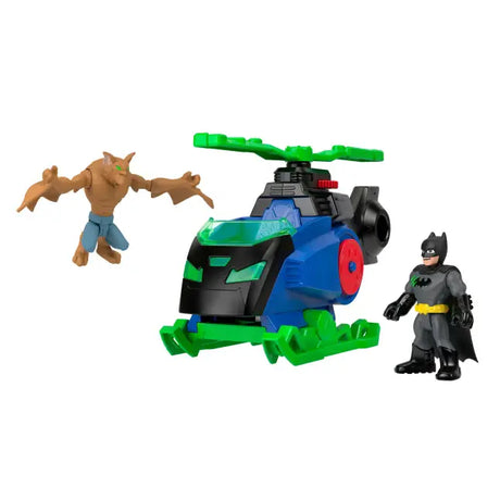 Blue, green and black Batcopter displayed with Batman and winged Man Bat figures
