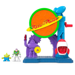 Front view of the Imaginext Disney Pixar Toy Story Pizza Planet Playset with Buzz Lightyear and Alien figures