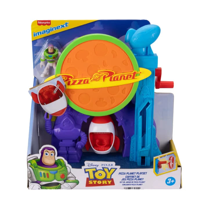 Imaginext Disney Pixar Toy Story Pizza Planet Playset in retail packaging with Buzz Lightyear figure visible