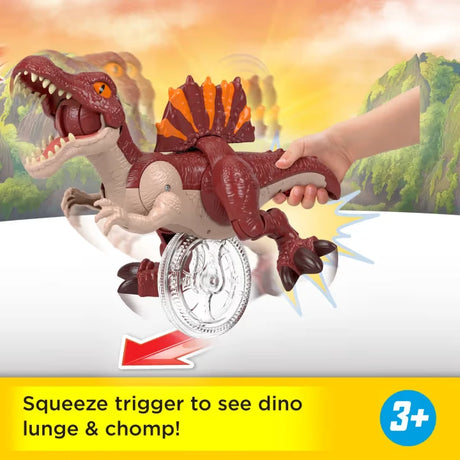 Imaginext Jurassic World Spinosaurus lunging forward with jaws open as the tail trigger is squeezed