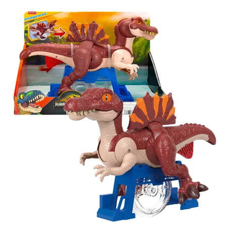 Imaginext Jurassic World Rebirth Sprinting Spinosaurus with retail packaging and blue support stand