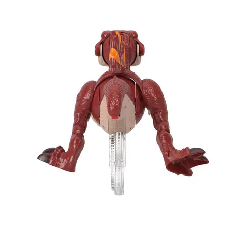 Imaginext Jurassic World Spinosaurus rear view showing orange sail, red body and clear wheel mechanism
