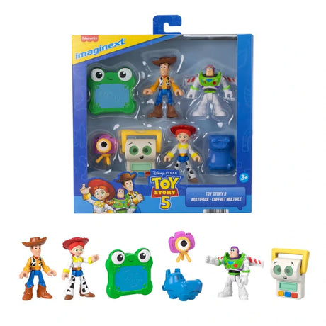 Imaginext Toy Story 5 seven figure set displayed beside the retail packaging