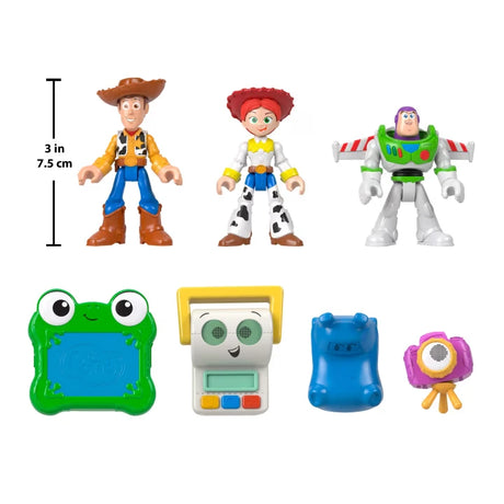 Imaginext Toy Story 5 seven figure multipack with 3 inch height guide beside Woody, Jessie and Buzz Lightyear