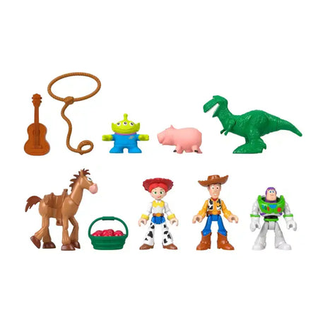 Seven Imaginext Toy Story figures with lasso, guitar and apple basket accessories
