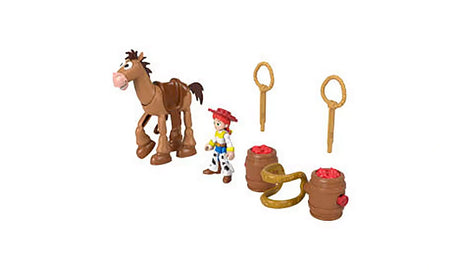 Imaginext Toy Story Jessie and Bullseye Playset showing Jessie, Bullseye, lasso projectiles and barrel accessories