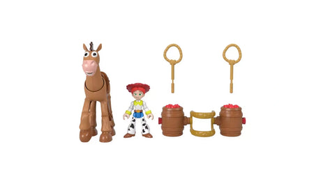 Imaginext Toy Story Jessie and Bullseye Playset full set showing Jessie, Bullseye, lasso projectiles and barrel accessories