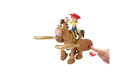Imaginext Toy Story Jessie and Bullseye Playset showing Jessie riding Bullseye with lasso projectile action