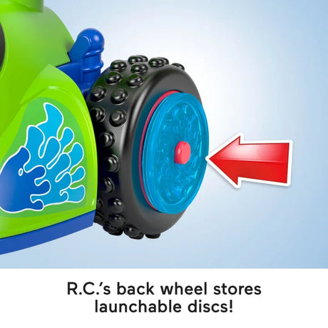 Close up of Imaginext Toy Story R.C. car back wheel with black discs and red arrow graphic