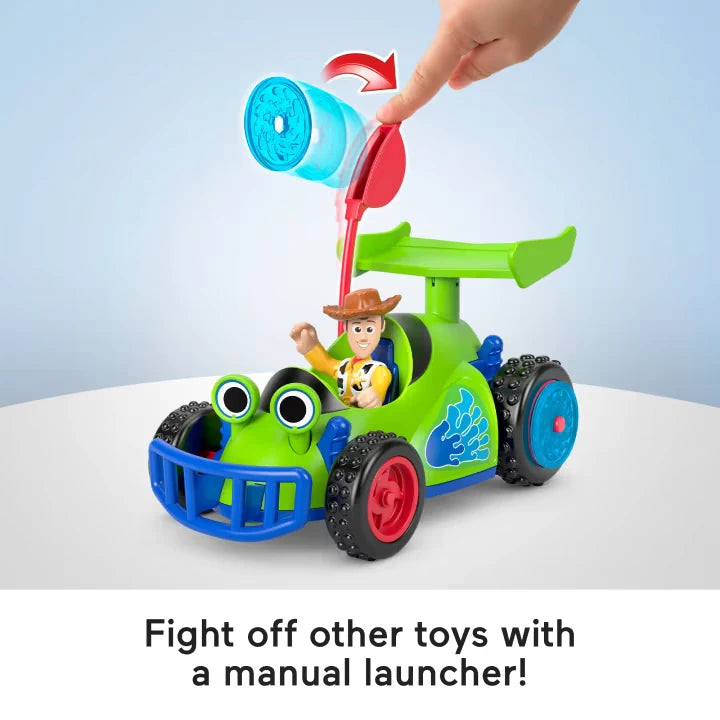 Imaginext Toy Story R.C. car with Woody figure seated inside and hand pressing the disc launcher