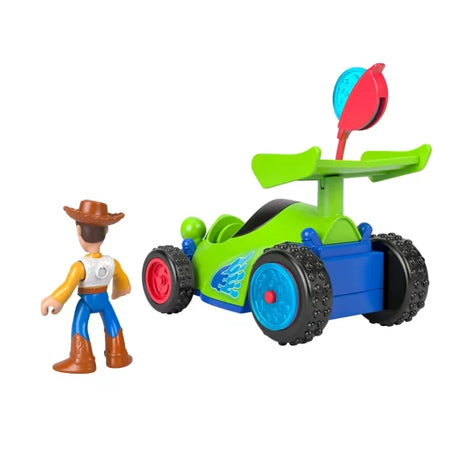 Imaginext Toy Story Woody figure beside R.C. car shown from the side with launcher attached