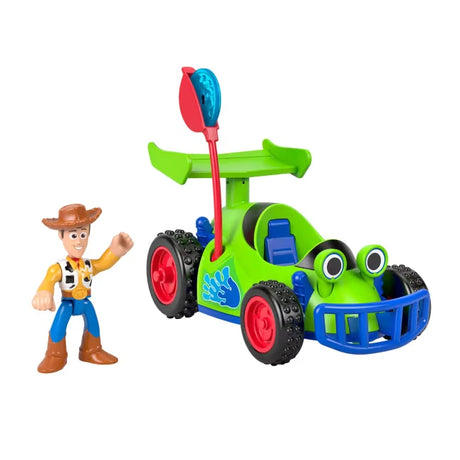 Imaginext Toy Story Woody figure beside R.C. car with launcher and two discs