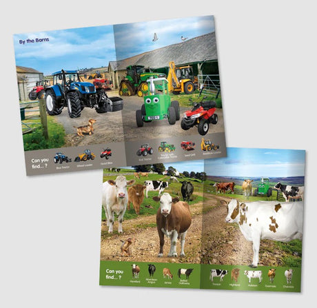 Inside pages of Tractor Ted Look and Find Book showing tractors and animals – Ireland