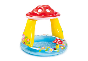 Intex Mushroom Baby Pool with mushroom canopy and inflatable mushroom toy on a plain background