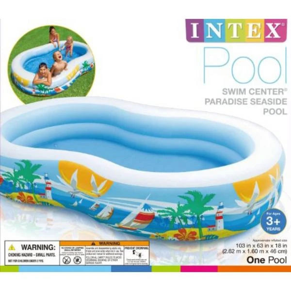 Alt: Intex Swim Centre Paradise Seaside Pool packaging showing the inflatable pool and dimensions