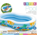 Alt: Intex Swim Centre Paradise Seaside Pool packaging showing the inflatable pool and dimensions