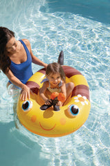 Yellow Bee Intex Pool Cruisers boat float with a child seated inside and an adult beside it in a pool