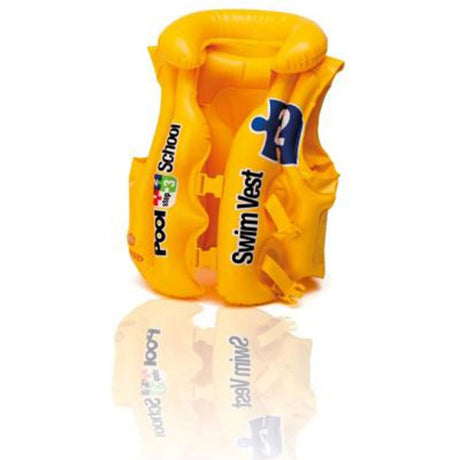 Front view of yellow Intex Pool School swim vest with buckles