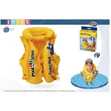 Intex Pool School swim vest product image with vest, packaging box and child wearing the vest