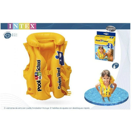 Intex Pool School swim vest product image with vest, packaging box and child wearing the vest