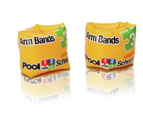 Intex Pool School Step 3 armbands for kids in yellow with Pool School branding, shown in Ireland