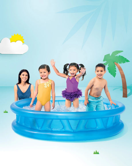 Adult and three children in a blue Intex Soft Side inflatable pool