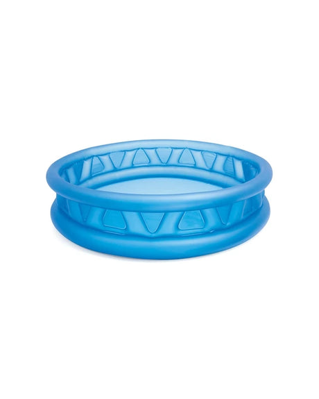 Empty blue Intex Soft Side inflatable pool on a plain background