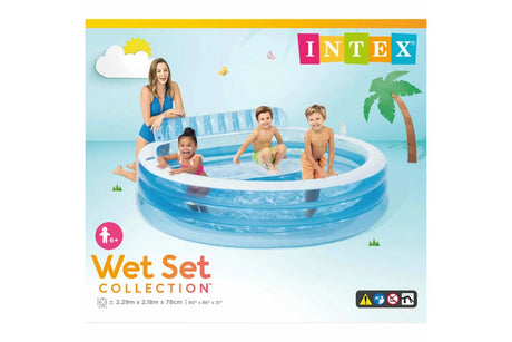 Front of the Intex Swim Center Family Lounge Pool box showing the pool and children inside