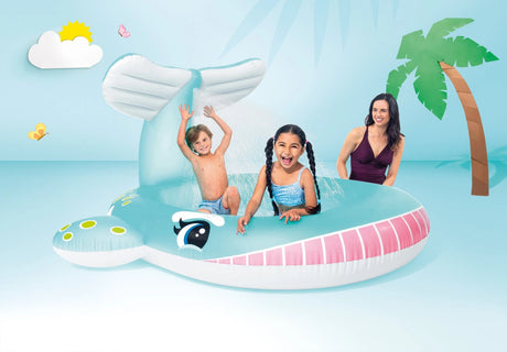 Two children and an adult with the Intex Whale Spray Pool in a studio scene