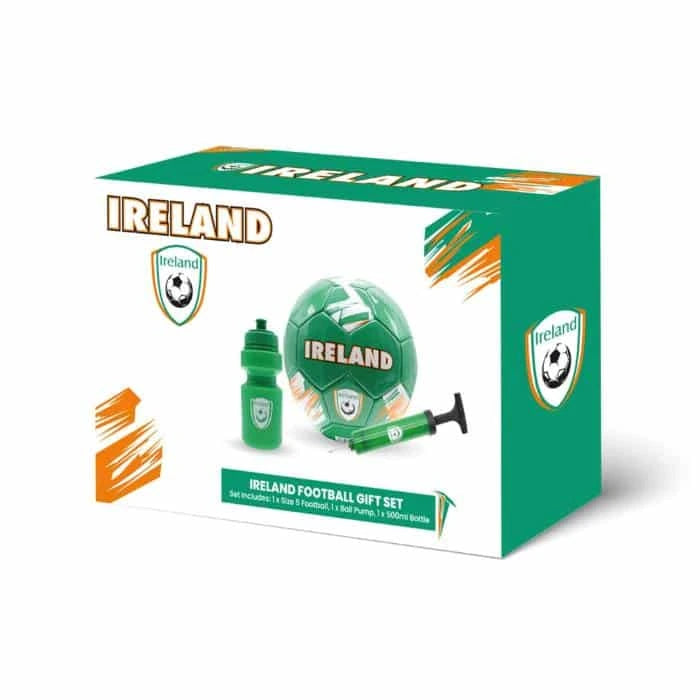 Angled Ireland Football Gift Set retail box displaying the football, water bottle and hand pump illustrations across the white front, with the green side and top panels visible.