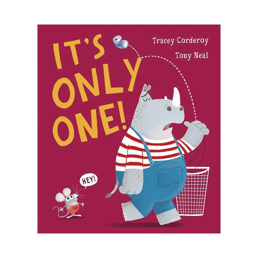 Cover artwork of It’s Only One! showing a rhinoceros walking away after dropping a wrapper as a mouse reacts beside him