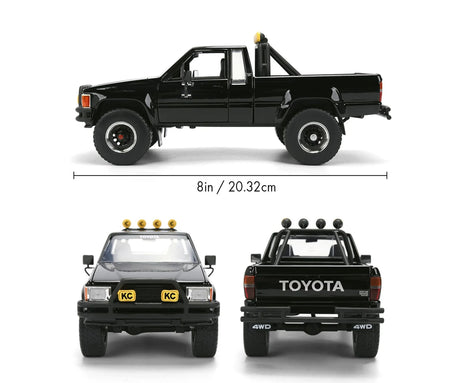 Jada Toys Back to the Future Toyota SR5 Pickup dimensions graphic showing the black diecast truck from multiple angles with a length marking of 20.32 cm.