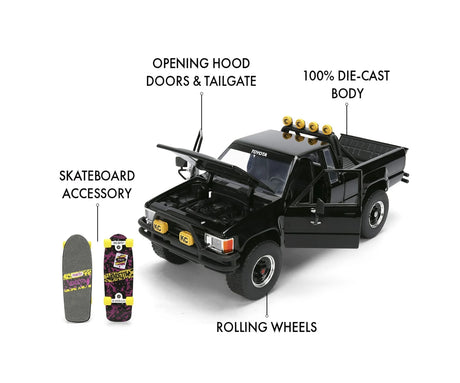 Jada Toys Toyota SR5 Pickup features graphic showing the diecast truck, opening hood, doors and tailgate, rolling wheels and Marty's skateboard accessory.
