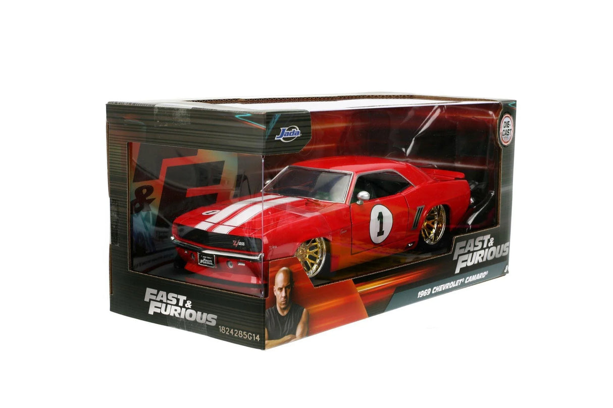 Jada Fast and Furious 1969 Chevrolet Camaro Z28 1:24 die-cast in Fast and Furious branded display box with Vin Diesel artwork on white background