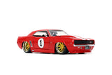 Side profile of Jada Fast and Furious 1969 Chevrolet Camaro Z28 1:24 die-cast in red with white twin racing stripes, number 1 roundel and gold low-profile wheels