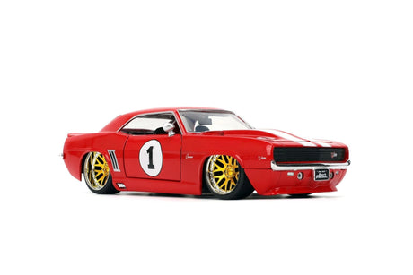 Side profile of Jada Fast and Furious 1969 Chevrolet Camaro Z28 1:24 die-cast in red with white twin racing stripes, number 1 roundel and gold low-profile wheels