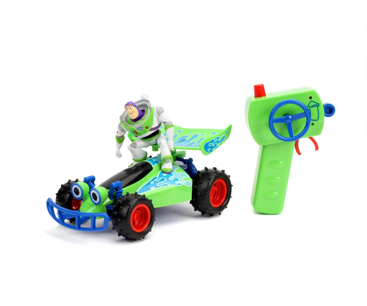 Toy Story RC buggy with Buzz Lightyear figure shown beside a green remote control