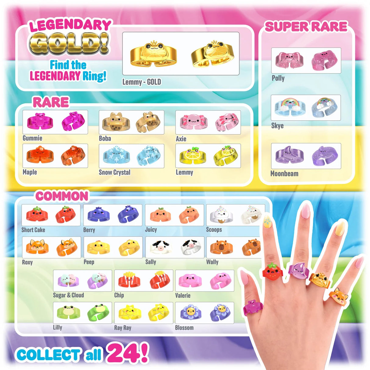 Jelly Cakes Chillin Cakes XL collector chart showing legendary, super rare, rare and common mystery ring designs