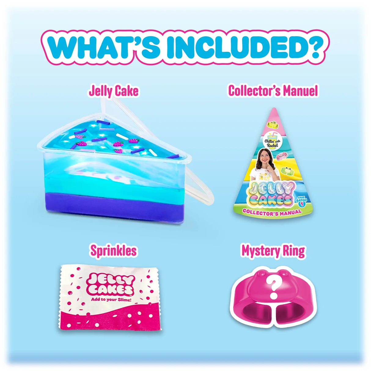 Jelly Cakes Chillin Cakes XL contents showing Jelly Cake, collector's manual, sprinkles and mystery ring