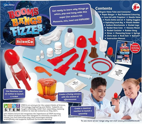 Back of John Adams Booms Bangs Fizzes Science Kit box showing the experiment equipment, chemicals and examples of the rocket and volcano activities