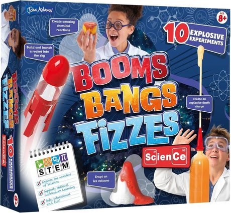 John Adams Booms Bangs Fizzes Science Kit box showing 10 explosive experiments including a rocket, chemical reaction and depth charge