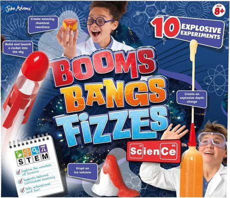 Front of John Adams Booms Bangs Fizzes Science Kit box showing 10 explosive experiments, rocket launch, ice volcano and depth charge activities