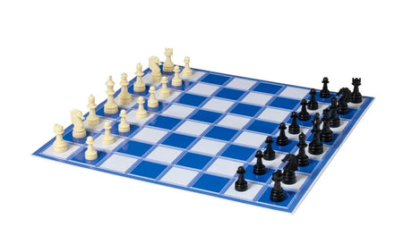 John Adams Chess set showing a blue and white 8 x 8 chess board with black and cream chess pieces arranged across the squares
