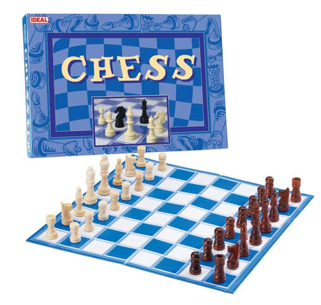 John Adams Ideal Chess game showing the blue and white board with cream and dark brown chess pieces and the illustrated Chess box behind it