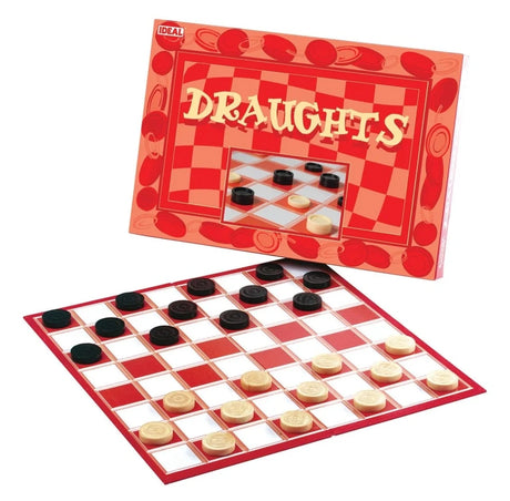 John Adams Ideal Draughts game showing the red and white chequered board set up with black and cream playing pieces and the Draughts box behind it